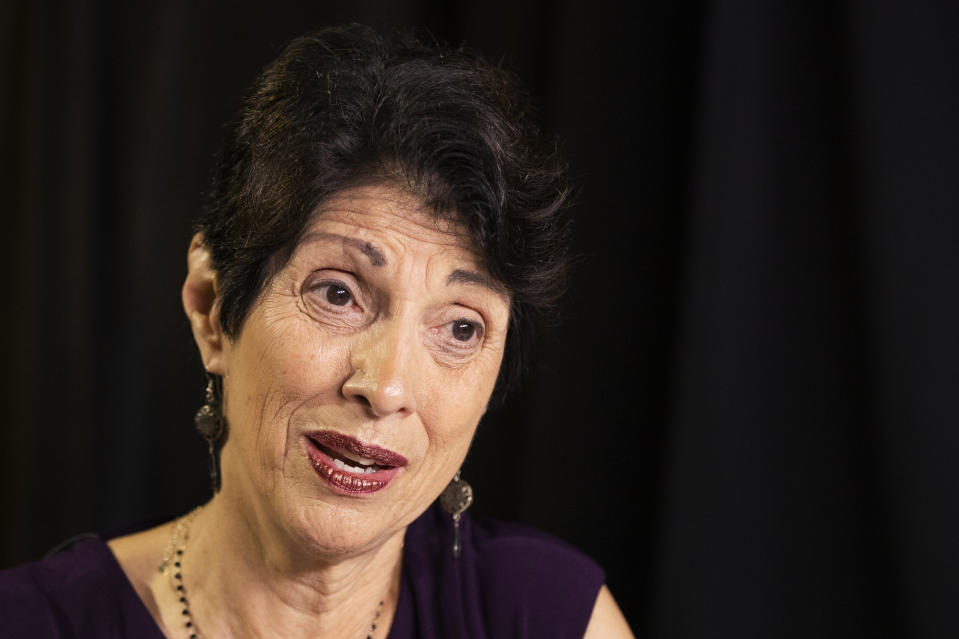 Diane Foley, mother of journalist James Foley, who was killed by the Islamic State terrorist group in a graphic video released online, speaks to the Associated Press during an interview in Washington, Wednesday, June 19, 2019. The U.S. must do a better job communicating with families of American hostages held overseas, including telling “hard truths” about the chances for rescue and clarifying the government’s position on ransom payments to captors, according to a new report from the James W. Foley Legacy Foundation. (AP Photo/Manuel Balce Ceneta)