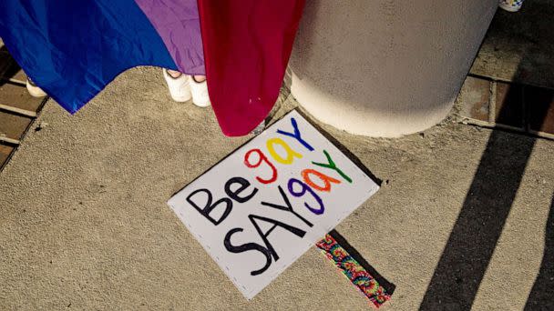 PHOTO: A sign was used in a 'Don't Say Gay' protest in downtown Fort Myers, March 6, 2022. Several dozen people marched and chanted. The march was held to protest  Florida's 'Don't Say Gay' legislation.  (Andrew West/The News-Press via USA Today Network)