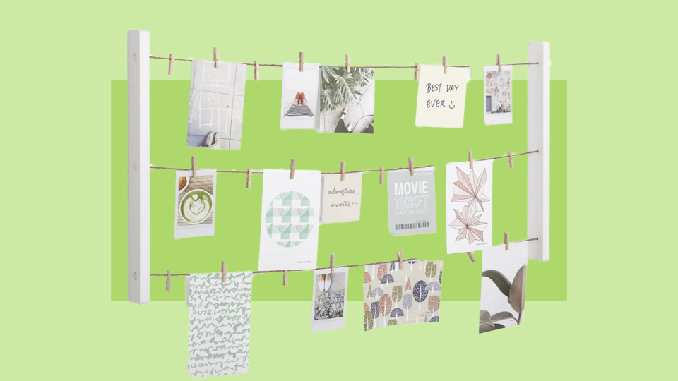 This clever clothesline picture frame allows you hang both pictures and positive affirmations.