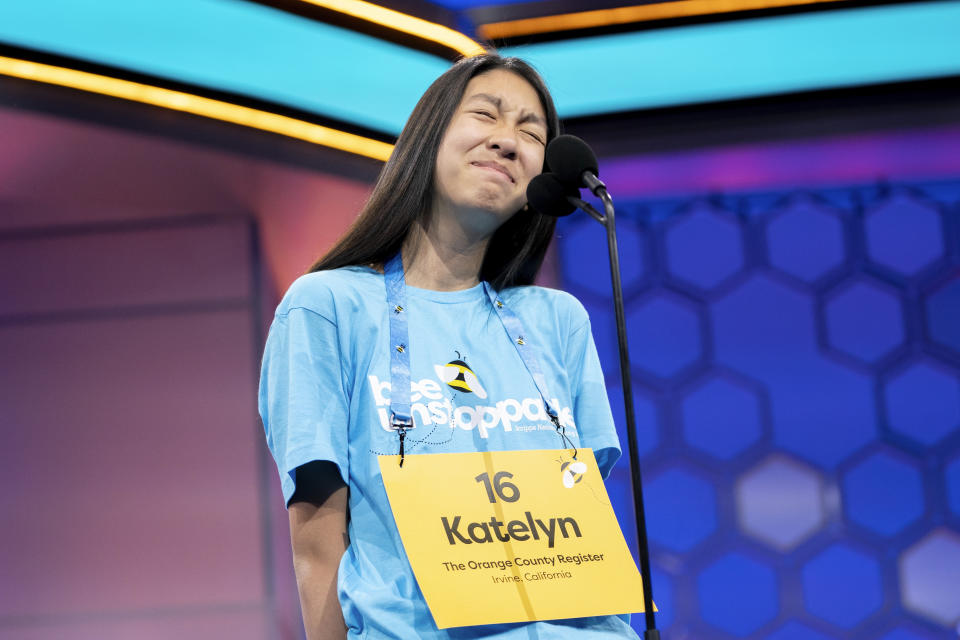 Katelyn Nguyen, 13, of Huntington Beach, Calif., reacts to misspelling her word during the quarterfinal round of competition in the Scripps National Spelling Bee, in Oxon Hill, Md., Wednesday, May 29, 2024. (AP Photo/Nathan Howard)