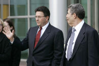 <b>Joseph Nacchio</b><br><br>Joseph Nacchio is currently serving his six-year sentence at a federal prison in Minersville, Penn. The former Qwest Communications CEO was convicted for insider training in 2007. After failed attempts at appealing the decision, he reported to <a href="http://blogs.wsj.com/law/2009/04/14/joe-nacchio-reports-to-fcp-schuylkill/" rel="nofollow noopener" target="_blank" data-ylk="slk:Federal Correctional Institution Schuylkill;elm:context_link;itc:0;sec:content-canvas" class="link ">Federal Correctional Institution Schuylkill</a> in 2009.<br><br>Photo: Former Qwest Communications CEO Joseph Nacchio, left, talks to the media as he leaves the federal courthouse in Denver with his attorney Herbert Stern, right, after being released on $2 million bond on Dec. 20, 2005.