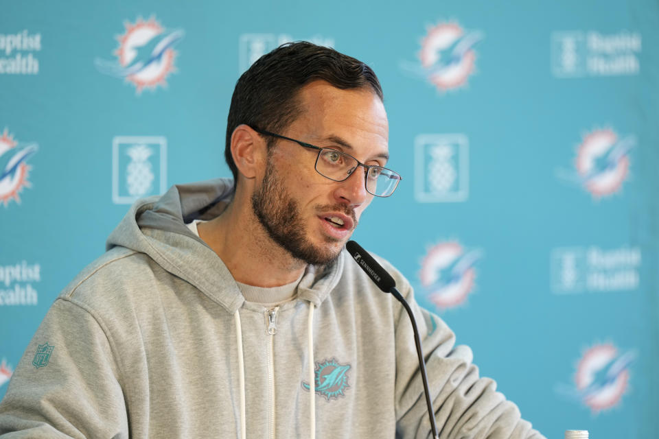 Miami Dolphins head coach Mike McDaniel speaks with media before a practice session in Frankfurt, Germany, Friday, Nov. 3, 2023. The Miami Dolphins are set to play the Kansas City Chiefs in a regular season NFL game in Frankfurt on Sunday. (AP Photo/Doug Benc)