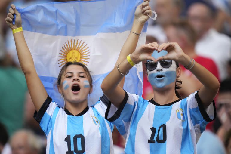 Argentina's fans cheer before the start of the Rugby World Cup quarterfinal match between Wales and Argentina at the Stade de Marseille in Marseille, France, Saturday, Oct. 14, 2023. (AP Photo/Pavel Golovkin)