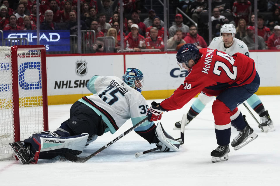 Seattle Kraken goaltender Joey Daccord (35) blocks a shot by Washington Capitals center Connor McMichael (24) during the first period of an NHL hockey game Thursday, Jan. 11, 2024, in Washington. (AP Photo/Manuel Balce Ceneta)