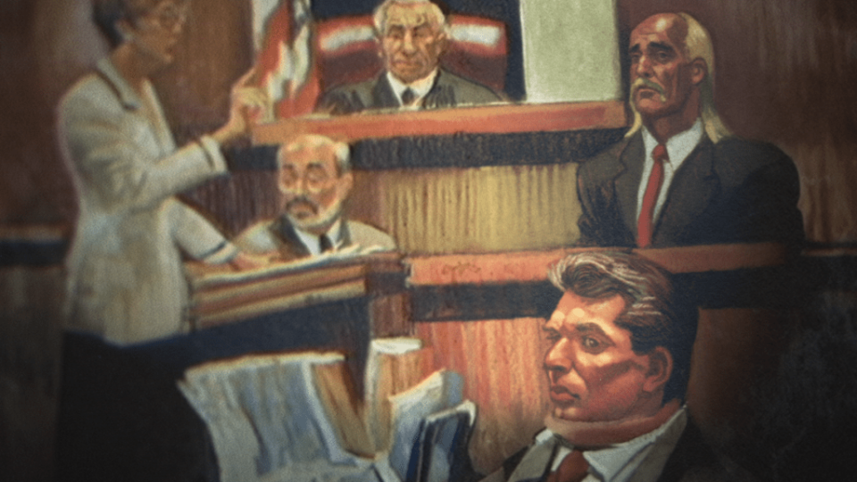 An illustration shows a courtroom scene with a judge presiding as a prosecutor questions a balding man sitting in the witness booth. In the foregront is a man with a neckbrace on.