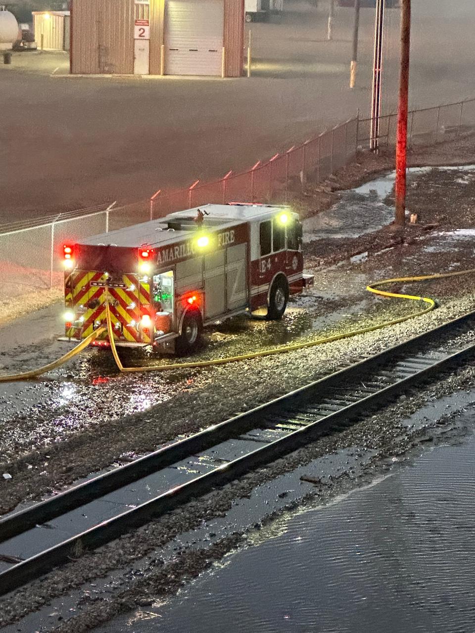 The Amarillo Fire Department responded to a three-alarm fire at 4110 E. Amarillo Blvd. on Friday morning at a warehouse facility just west of the railroad tracks. The structure was deemed a total loss as a result of the fire.