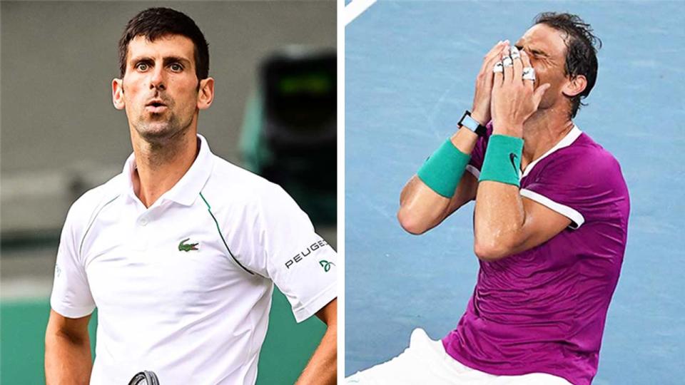 Rafa Nadal (pictured right) celebrating after his title at the Australian Open and (pictured left) Novak Djokovic looking at his players box.