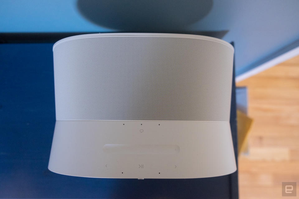 Photos of the new Sonos Era 300 speaker, which can play back music in Dolby Atmos spatial audio.