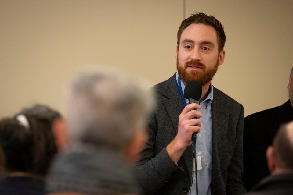 Ward 1 candidate Ethan Clevenger speaks during a debate between candidates for Eugene City Council Ward 1 and Ward 2 Friday, March 29, 2024, at a meeting of the City Club of Eugene.