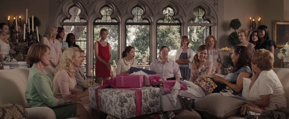 Group of women sitting in a room with presents, from the film "Bridesmaids."