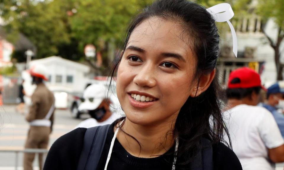 Patsaravalee ‘Mind’ Tanakitvibulpon takes part in a protest in Bangkok.