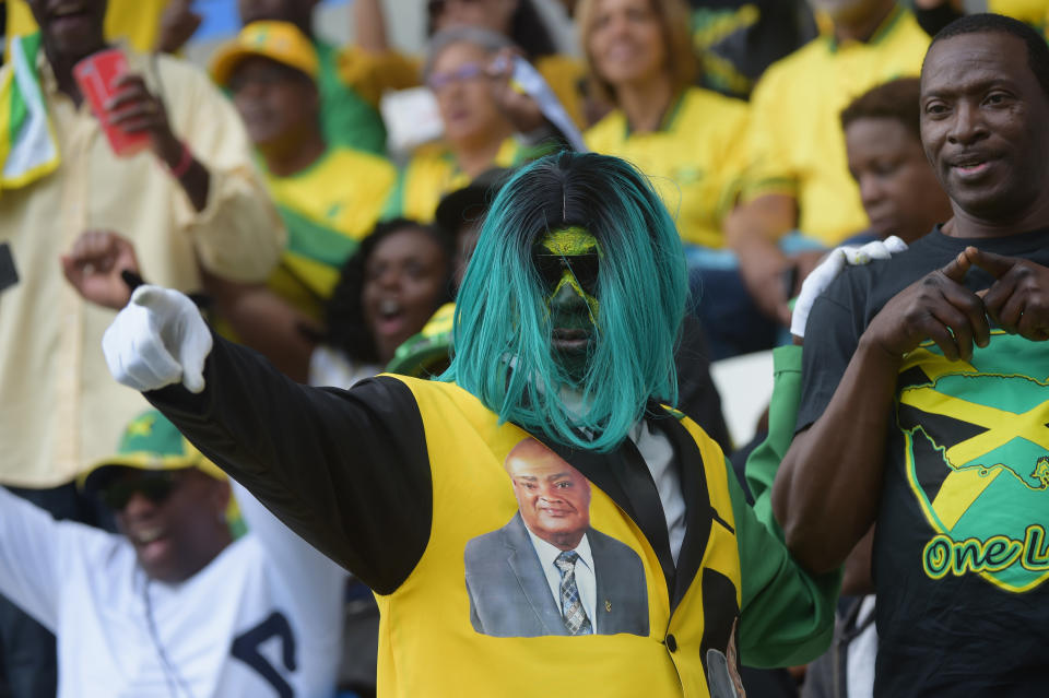 A supporter of the Jamiaca team during the 2019 FIFA Women's World Cup France group C match between Jamaica and Italy at Stade Auguste Delaune on June 14, 2019 in Reims, France.