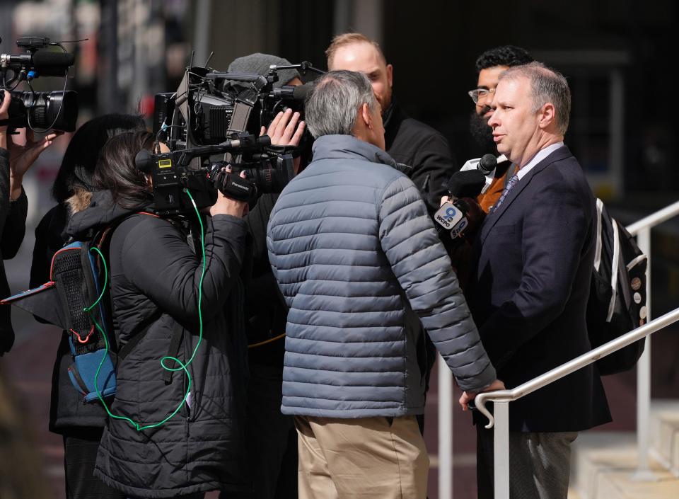 Former Ohio Republican Party chairman Matt Borges speaks to the media outside of the Potter Stewart  U.S. Courthouse in downtown Cincinnati Thursday, March 9, 2023 after a jury found him and Former Ohio House Speaker Larry Householder guilty of racketeering conspiracy.