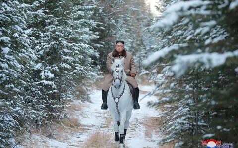 Kim Jong-un contemplates the future while riding a horse through pine trees - Credit: KCNA/Reuters