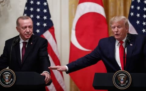 President Donald Trump (R) and Turkish President Recep Tayyip Erdogan attend a joint press conference at the White House in Washington D.C. on Nov 13 - Credit: Xinhua&nbsp;