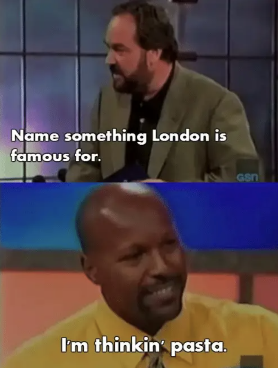 what is london famous for and contestant says, i'm thinking pasta