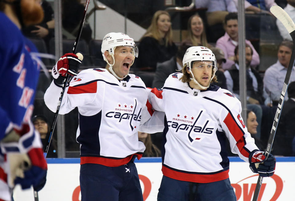 NEW YORK, NEW YORK - MARCH 05: Ilya Kovalchuk #17 of the Washington Capitals (L) celebrates a goal against the New York Rangers and is joined by Carl Hagelin #62 (R) at Madison Square Garden on March 05, 2020 in New York City. The Rangers defeated the Capitals 5-4 in overtime. (Photo by Bruce Bennett/Getty Images)