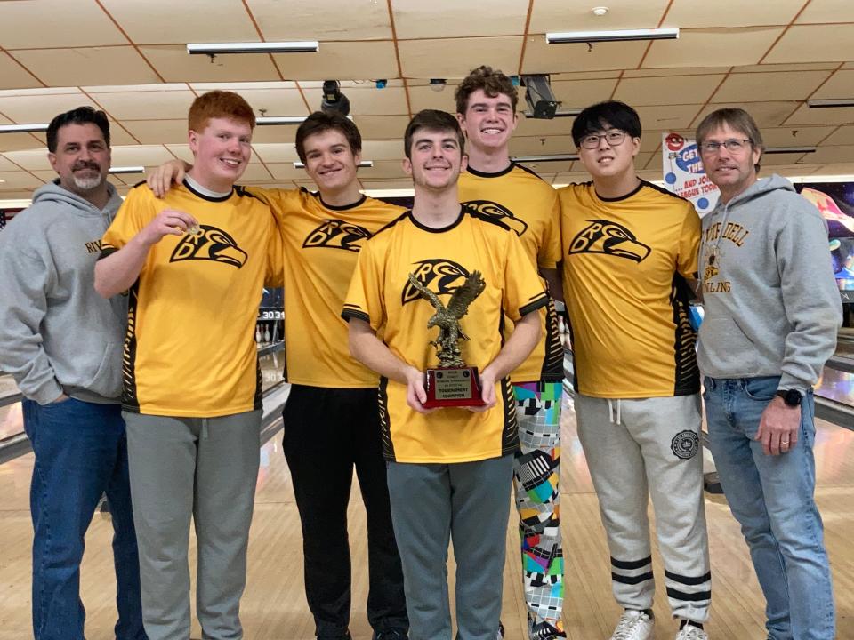 River Dell earned its first overall championship at the Bergen County boys bowling tournament by scoring a four-game 4,029 at Bowler City in Hackensack on Saturday, Jan. 21, 2023. The Hawks had previous won group titles in 1993-94.