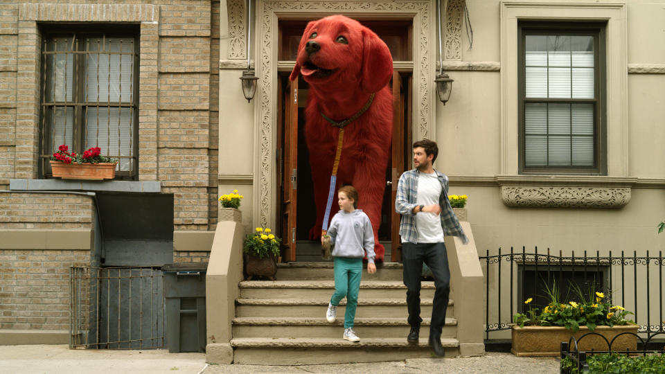 Darby Camp and Jack Whitehall carry out an unusual dog walk in 'Clifford the Big Red Dog'. (Paramount/eOne)