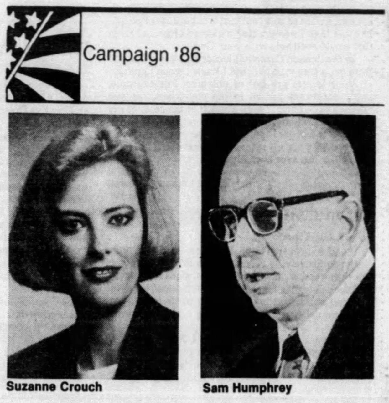 A headshot of Lt. Gov. Suzanne Crouch when she first ran for Vanderburgh County Auditor in 1986 against Democratic opponent Sam Humphrey, printed in the Evansville Courier and Press on Oct. 15, 1986.