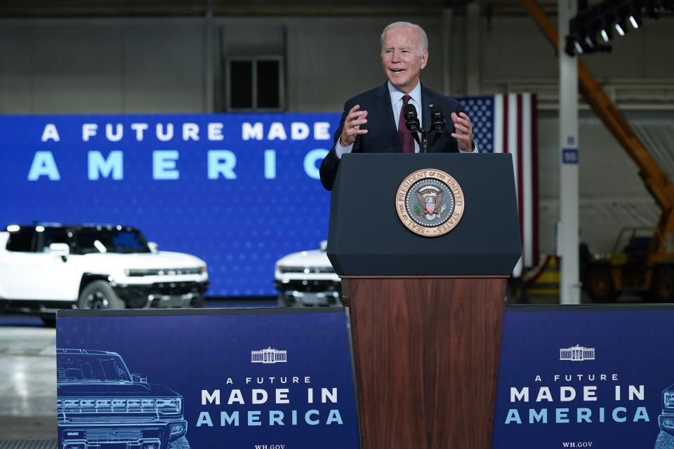 President Joe Biden speaks during a visit to the General Motors Factory ZERO electric vehicle assembly plant, Wednesday, Nov. 17, 2021, in Detroit. (AP Photo/Evan Vucci)