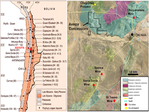 Location of the Avispa Exploration Property Area and major copper mines in northern Chile.