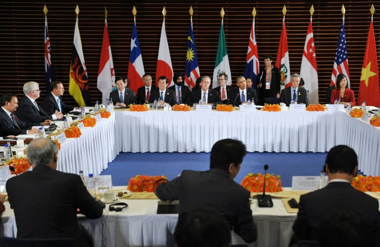 US President Barack Obama (3rd R) taking part in a meeting with leaders from the Trans-Pacific Partnership (TPP) at the US Embassy in Beijing in 2014