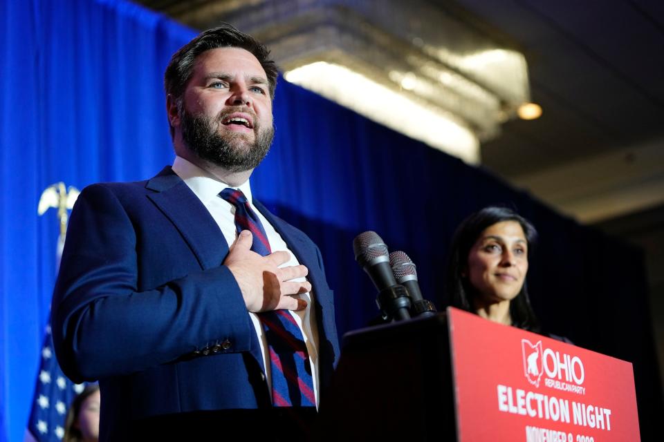 J.D. Vance gives his victory speech during an election night party for Republican candidates in Columbus, Ohio.