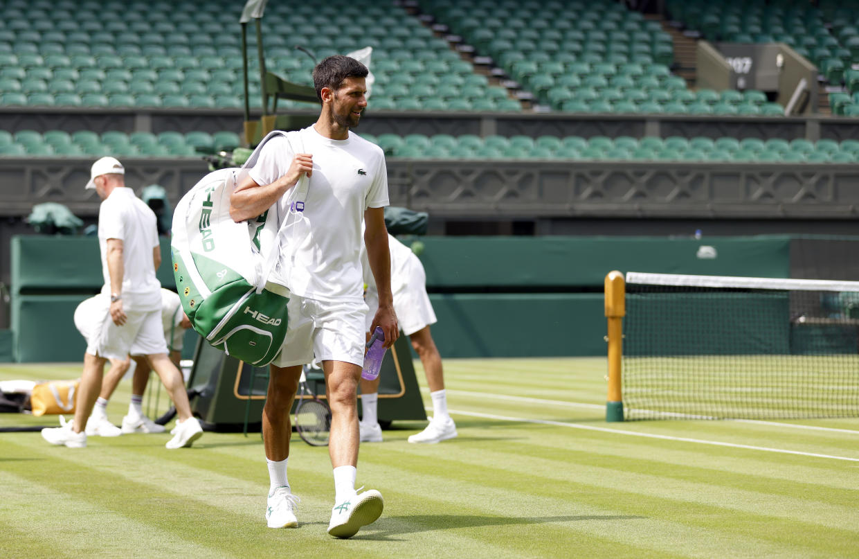 Novak Djokovic practices ahead of Wimbledon 2022.