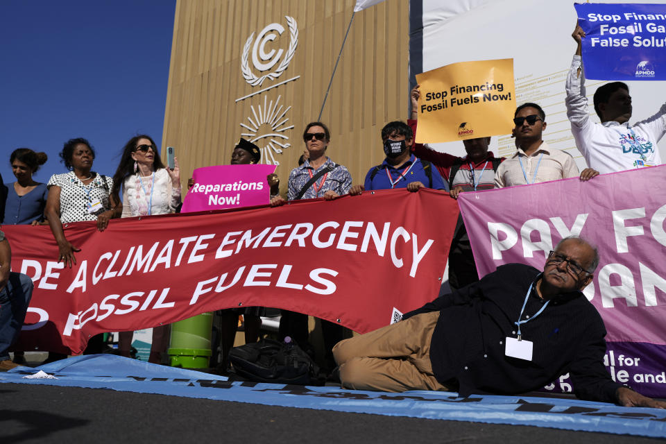 Demonstrators protest against fossil fuels at the COP27 U.N. Climate Summit, Friday, Nov. 11, 2022, in Sharm el-Sheikh, Egypt. (AP Photo/Peter Dejong)