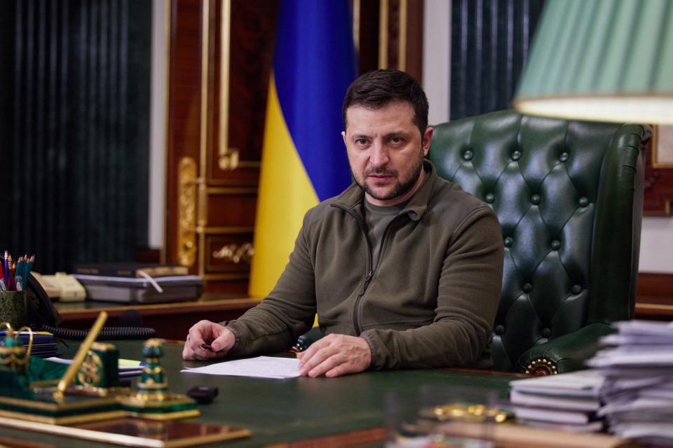 In this handout picture taken on March 16, 2022, Ukrainian President Volodymyr Zelenskyy delivers a video address in Kyiv.