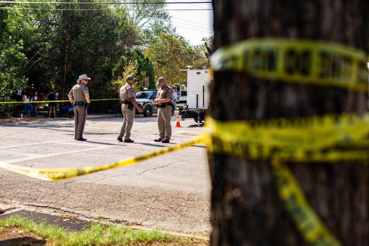 Crime scene tape surrounds Robb Elementary School in Uvalde, Texas, on May 25, 2022. (Liz Moskowitz for NBC News)