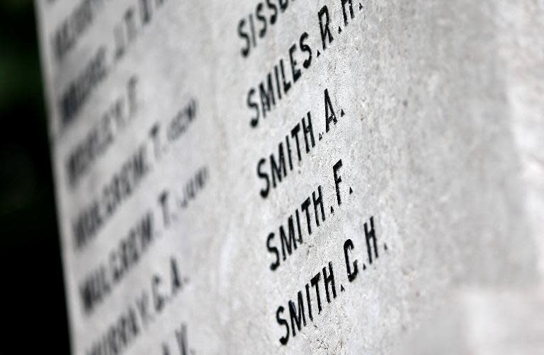 The names of three brothers Alfred, Frederick and George Smith, who served as British WWI soldiers, are pictured on a WWI memorial in Barnard Castle, near County Durham, on July 11, 2014