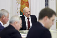 Belarusian President Alexander Lukashenko attends a meeting in Minsk, Belarus, Tuesday, Oct. 27, 2020. (Nikolai Petrov/BelTA Pool Photo via AP)