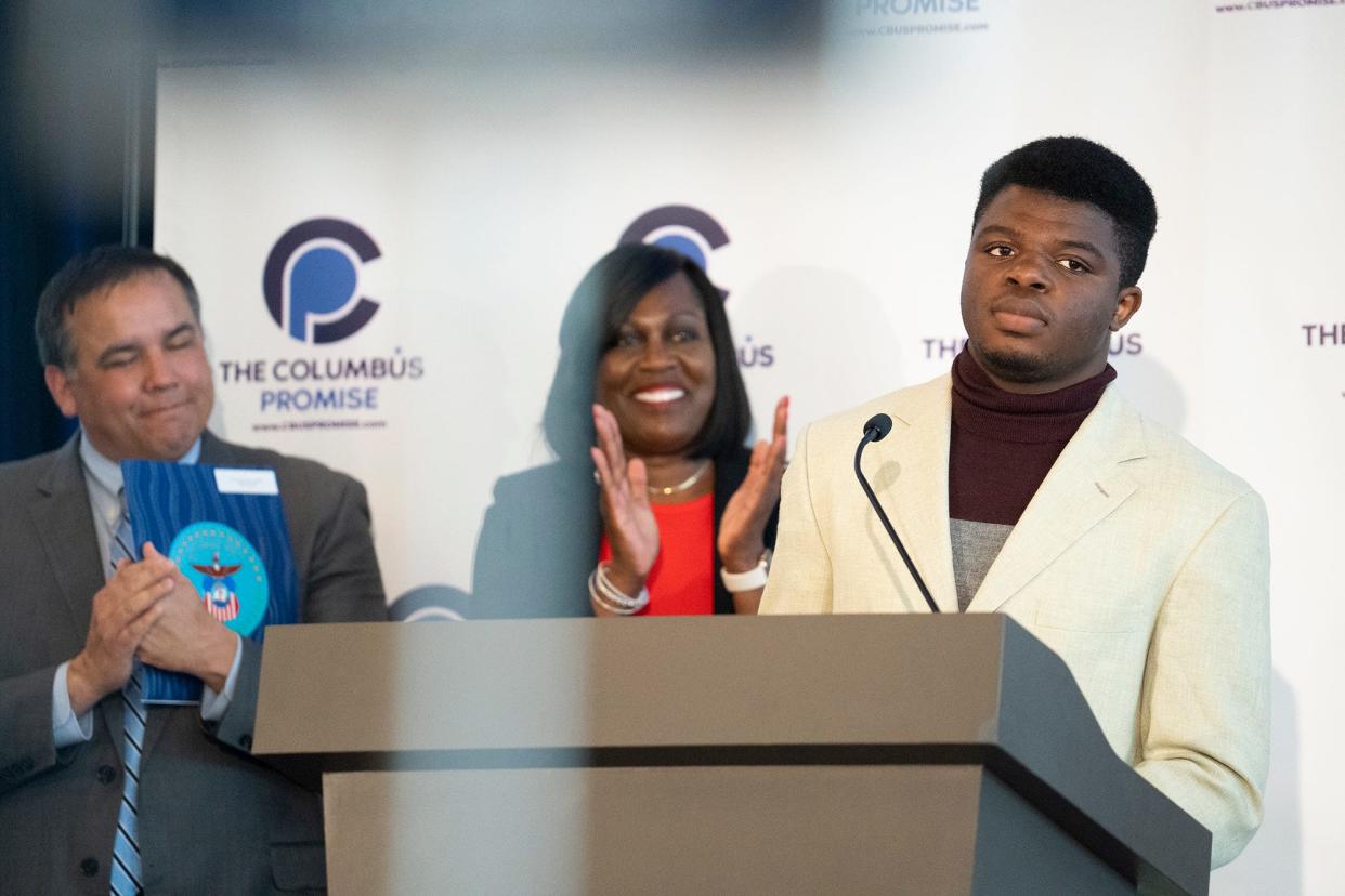 David Ananou-Lawson, 18, a senior at Columbus CIty Schools' Fort Hayes Metropolitan Education Center, speaks Thursday about how the Columbus Promise will allow him to take the first two years of his college course requirements free at Columbus State Community College, then transfer to Ohio State University to finish his planned degree in business management.