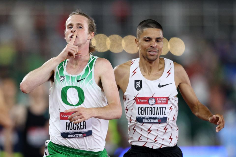 Cole Hocker and Matthew Centrowitz react after competing in the Men’s 1,500m at the U.S. Olympic Track & Field Team Trials (Getty)