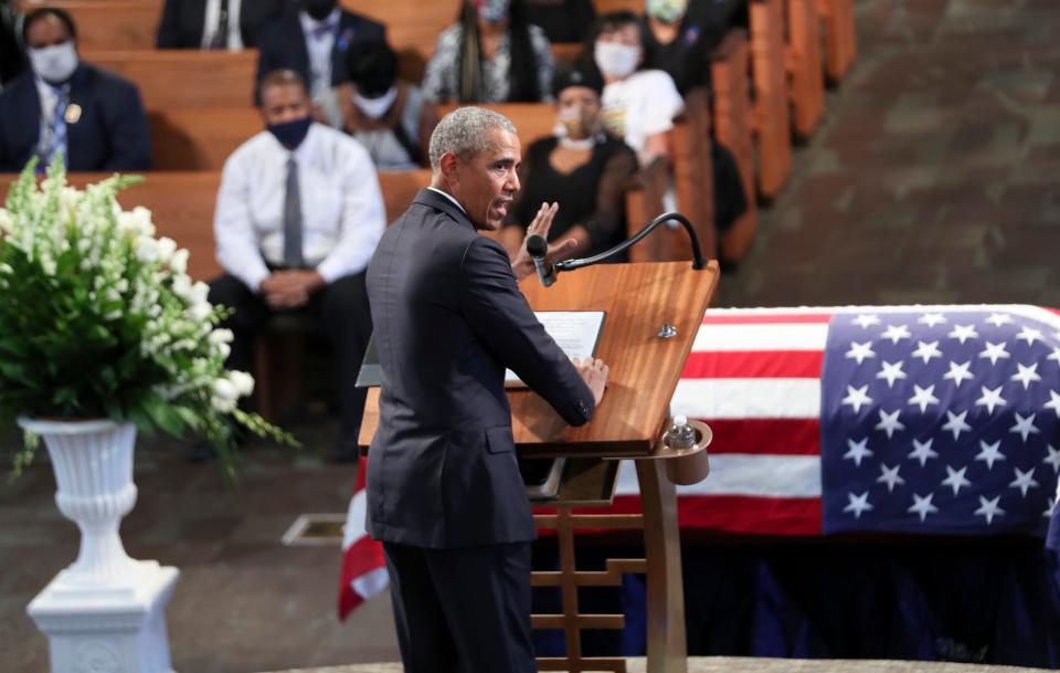 Former President Barack Obama delivers the eulogy  during the funeral service for the late Rep. John Lewis at Ebenezer Baptist Church in Atlanta, July 30, 2020.