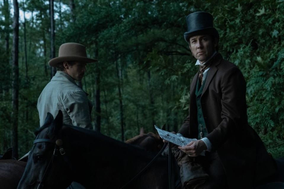 Secretary of War Edwin Stanton (Tobias Menzies, right) in pursuit of John Wilkes Booth in a scene from “Manhunt.” Courtesy of Apple