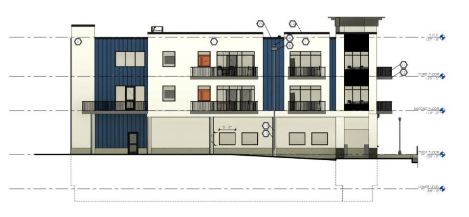 A south elevation plan for a proposed three-story, mixed-use building in downtown DeWitt.