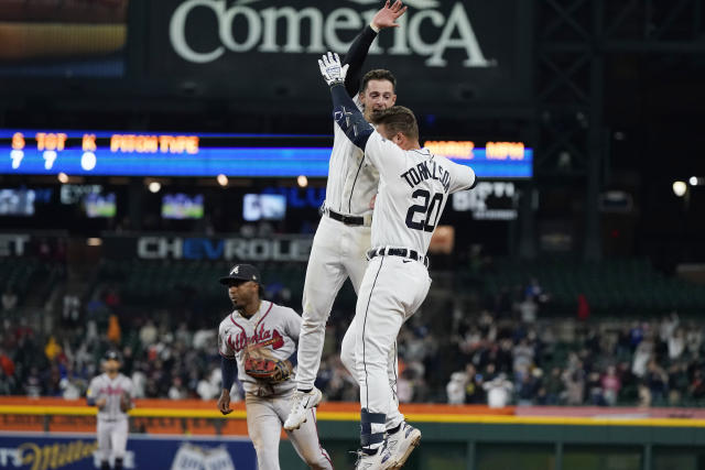 Detroit Tigers' Spencer Torkelson flips his bat after hitting the walk-off  hit to center during the 10th inning of a baseball game against the Atlanta  Braves, Monday, June 12, 2023, in Detroit. (