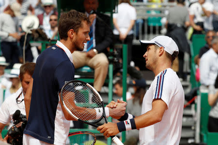 Tennis - ATP 1000 - Monte Carlo Masters - Monte-Carlo Country Club, Roquebrune-Cap-Martin, France - April 20, 2019 Russia's Daniil Medvedev shakes hands with Serbia's Dusan Lajovic after their match REUTERS/Eric Gaillard