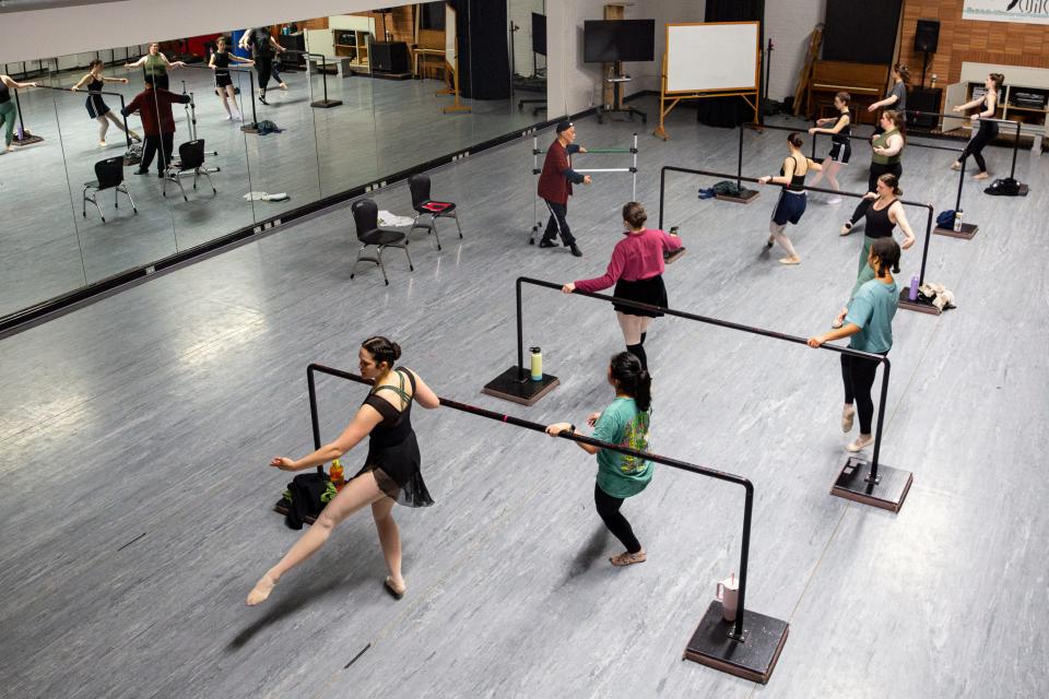 Les Watanabe prepares his students for the midterm exam during an advanced ballet class at Western Oregon University.