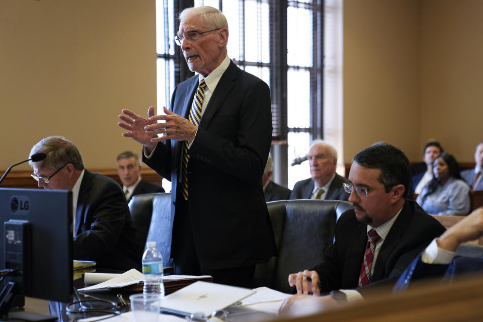 Attorney Richard Harlow, who represents The Tennessean, presents arguments to release the journals and documents related to the Covenant School shooter case to the public Tuesday, April 16, 2024, in Nashville, Tenn. (AP Photo/George Walker IV)