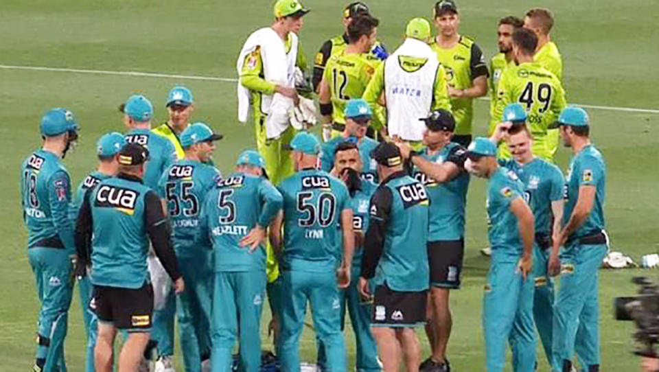 Heat and Thunder players, pictured here during a timeout in the BBL opener.