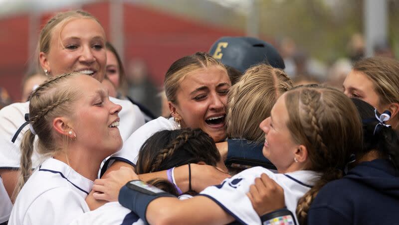 The Enterprise Wolves celebrate after winning the 2A softball semifinal game against the Beaver Beavers at Spanish Fork Sports Park in Spanish Fork on Friday, May 10, 2024.