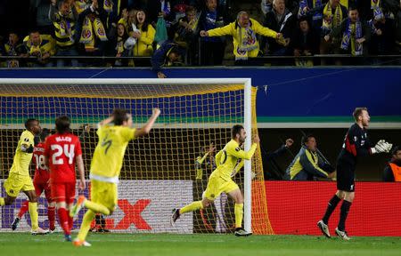 Football Soccer - Villarreal v Liverpool - UEFA Europa League Semi Final First Leg - El Madrigal Stadium, Villarreal, Spain - 28/4/16 Villarreal's Adrian celebrates scoring their first goal Reuters / Albert Gea Livepic