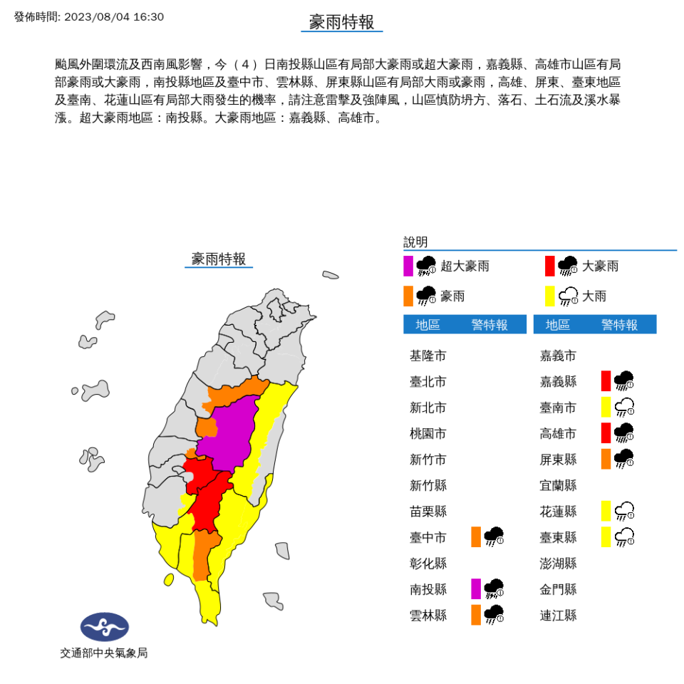 氣象局針對南投縣發布超大豪雨特報，其餘8縣市則是發布大豪雨、豪雨、大雨特報。（氣象局提供）