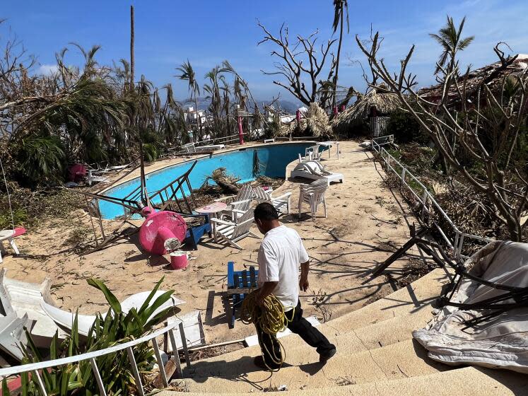 ACAPULCO, MEXICO-Nov. 2023-Destroyed pool area of Hotel Los Flamingos, where Johnny Weissmuller, John Wayne and other Hollywood notables once hung out during the Golden Age of Acapulco. The town of Acapulco is struggling to recover more than two weeks after Hurricane Otis-packing Category 5 winds ripped through the resort town. (Patrick McDonnell/Los Angeles Times)