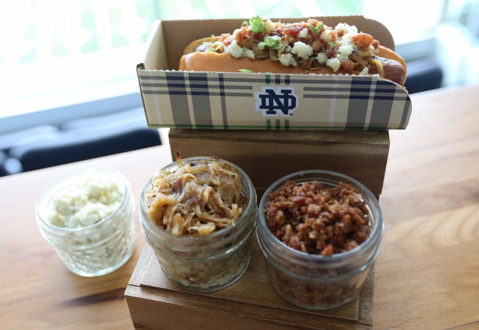 A Notre Dame football fan favorite, this “Domer Dog” is an Eisenberg hot dog dressed in caramelized onions, bacon and bleu cheese crumbles on a brioche bun. Some new food will highlight some all-time favorites for fans this year at Notre Dame Stadium.