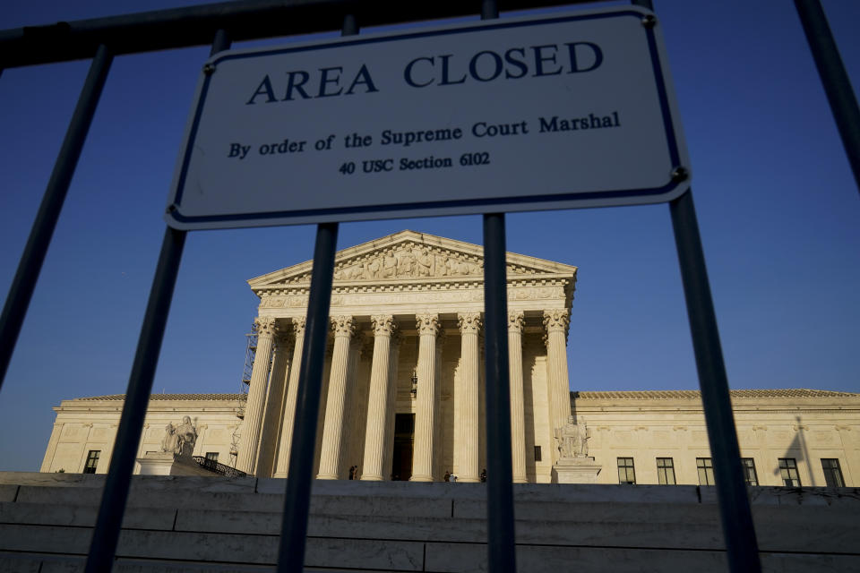 The Supreme Court is seen on Friday, April 21, 2023, in Washington after the court decided to preserve women's access to a drug used in the most common method of abortion, rejecting lower-court restrictions while a lawsuit continues. The justices on Friday granted emergency requests from the Biden administration and New York-based Danco Laboratories, maker of the drug mifepristone. (AP Photo/Alex Brandon)